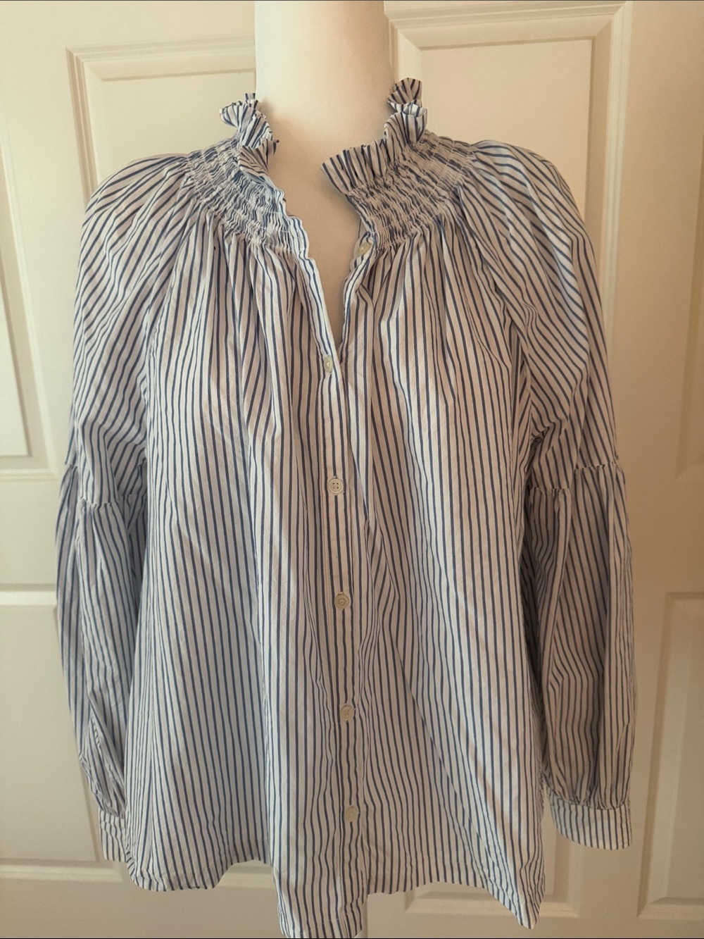 GAP Blue and White Striped Smocked-Neck Button-Down Top